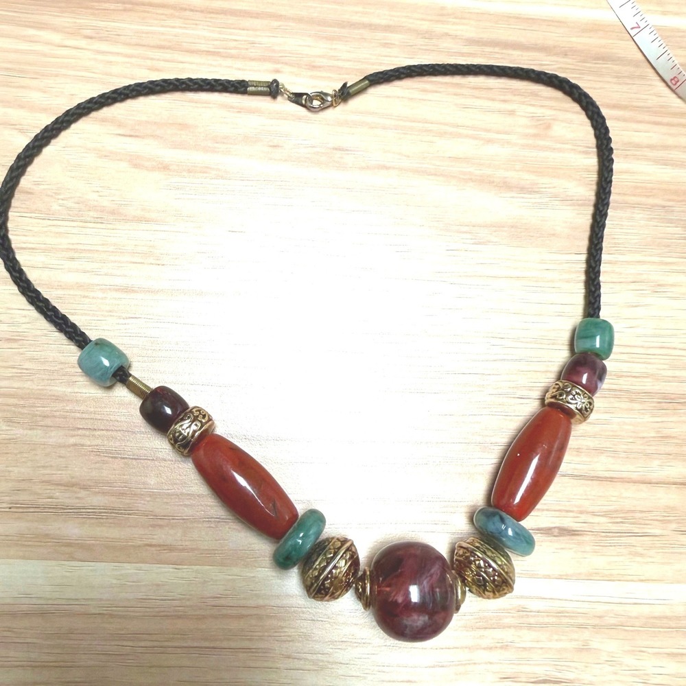 Vintage Style Chunky‎ Beaded Statement Necklace Burgundy Teal Gold Boho Braided